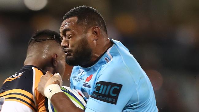CANBERRA, AUSTRALIA - MARCH 15: Sekope Kepu of the Waratahs Is tackled during the round five Super Rugby match between the Brumbies and the Waratahs at GIO Stadium on March 15, 2019 in Canberra, Australia. (Photo by Mark Metcalfe/Getty Images)