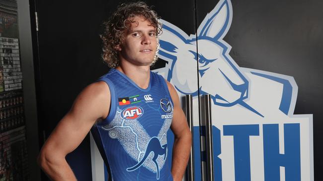 Jed Anderson in the the club’s indigenous jumper, which will be worn in Round 11. Picture: David Crosling