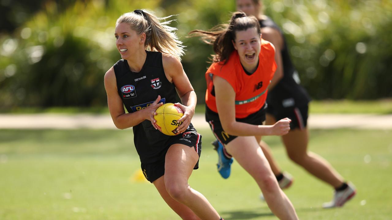Hannah Priest of the Saints in action during a St Kilda training session. Picture: Graham Denholm/AFL Photos/via Getty Images