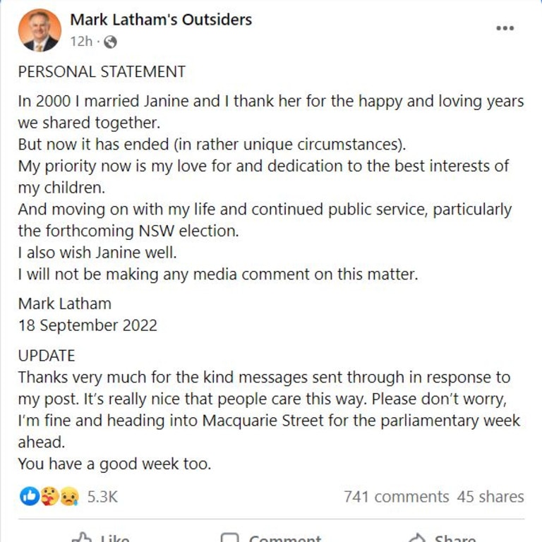 He made the announcement on his social media pages. Picture: Mark Latham/Facebook