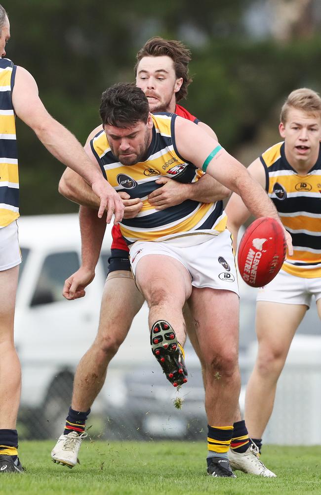 SFL. Sorell V Dodges Ferry. Ben Richmond Dodges Ferry and Jayden White Sorell. Picture: Nikki Davis-Jones