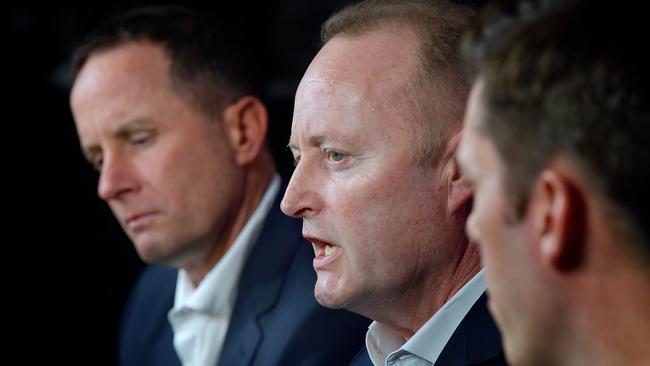 Don Pyke, Rob Chapman and Andrew Fagan speaking to the media after Pyke stood down as Crows coach in 2019. Picture: Mark Brake/Getty Images