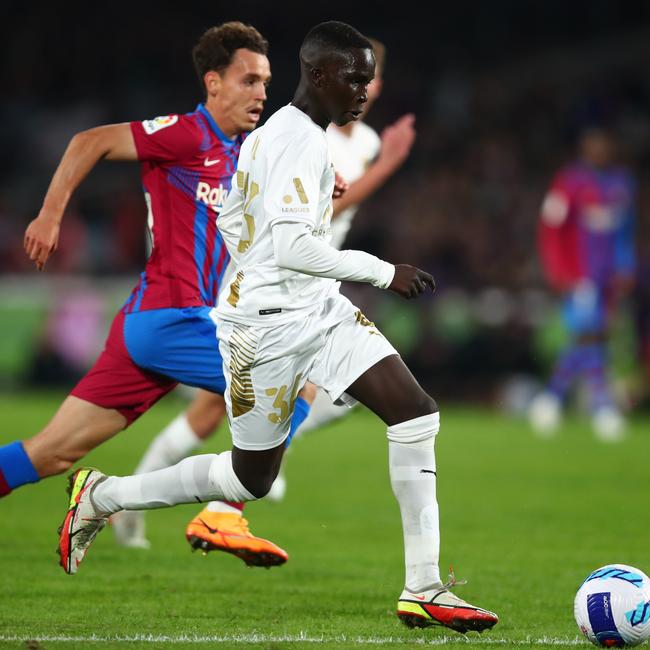 Garang Kuol in action for the A-League All-Stars against Barcelona.