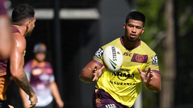 Payne Haas (right) in action during Brisbane Broncos training at Clive Berghofer Field in Brisbane, Wednesday, April 17, 2019. The Broncos are playing the Canberra Raiders in their round 6 NRL clash in Canberra on Sunday. (AAP Image/Darren England) NO ARCHIVING