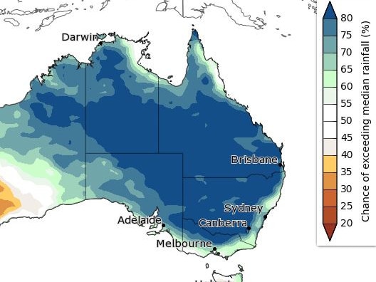 The chance of above median rain for June to August. Pic: The Bureau of Meteorology.