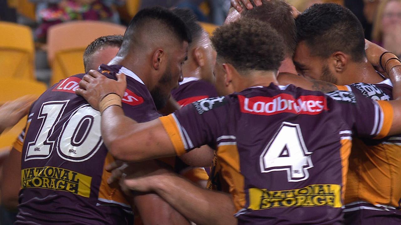 The Broncos celebrate Payne Haas' match sealing try.