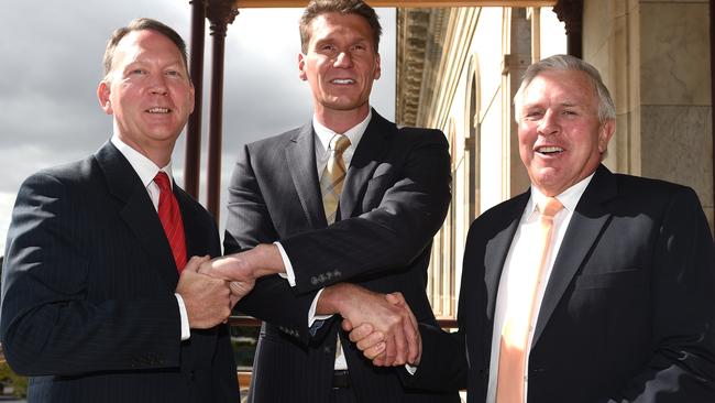 South Australian MLCs Dennis Hood (left) and Robert Brokenshire (right) with Senator Cory Bernardi (centre) at the announcement of the new party. Picture: Naomi Jellicoe