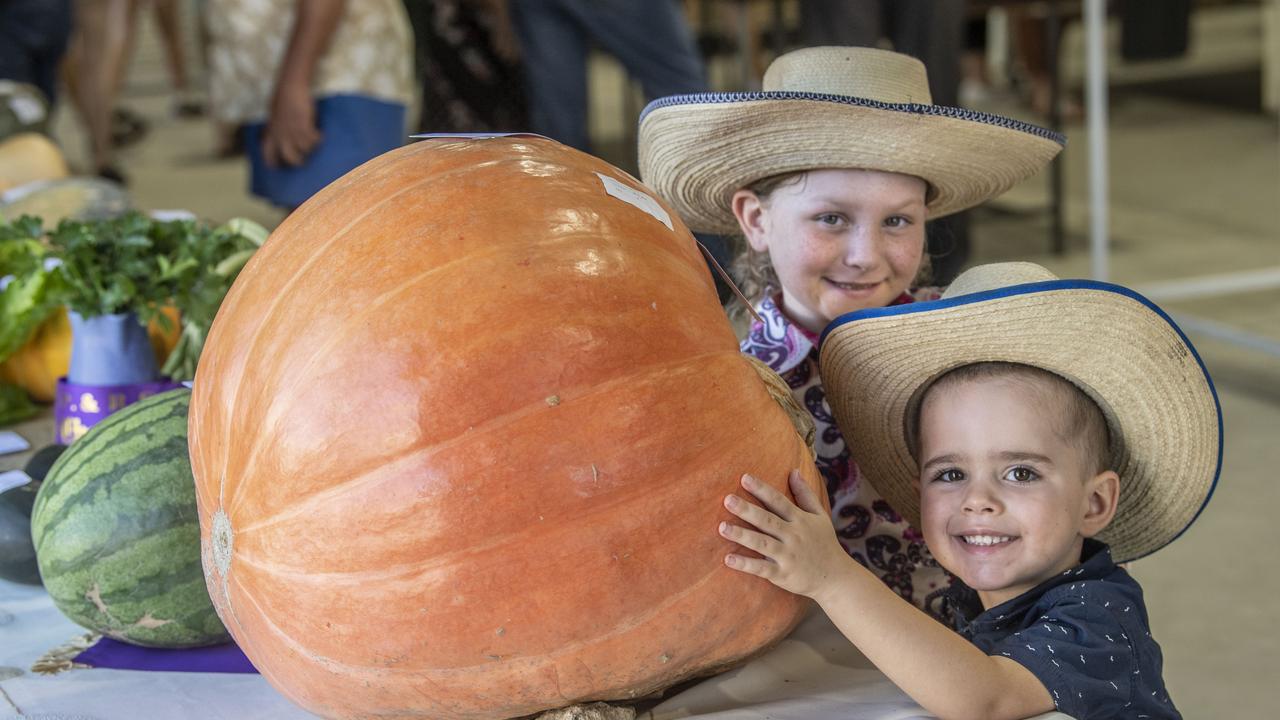 Three-year-old Kai-Luca Collins (front) and his sister Melody Owen, 7, check out the the big pumpkin on display. Picture: Nev Madsen.