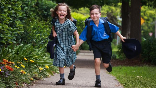 Twins Harriet and Sam Matterson, 5, are excited to start kindergarten at Our Lady of Lourdes Catholic Primary School. Picture: Justin Lloyd