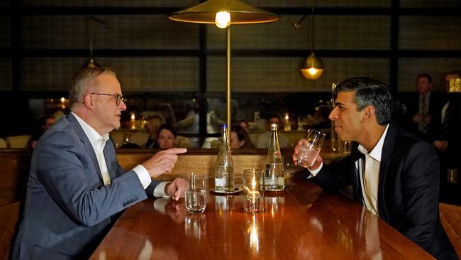 Anthony Albanese, left, with British Prime Minister Rishi Sunak in the Lionfish seafood restaurant in San Diego, California, on Monday. Picture: PA