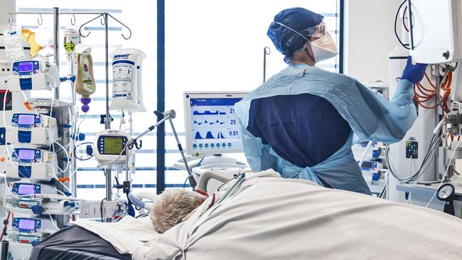 Nursing staff attend to a patient with Covid-19 in the ICU. Picture: Chris Pavlich/The Manly Daily