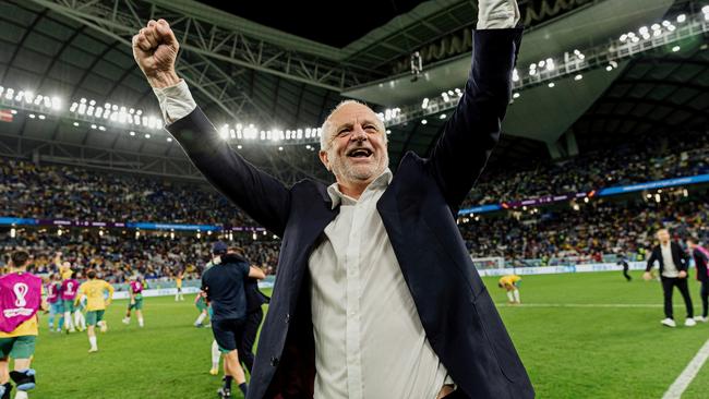 Graham Arnold celebrates after Australia beat Denmark at the World Cup. Picture: Facebook/Socceroos