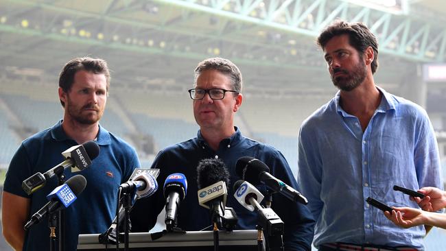 AFL Players Association president and Geelong star Patrick Dangerfield, left, with AFLPA chief executive Paul Marsh and AFL CEO Gillon McLachlan at the announcement of next month’s Victoria versus All-Stars game. Picture: AAP/James Ross