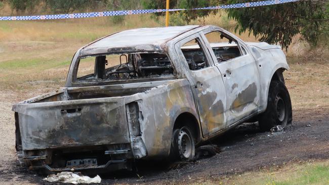 Police tape surrounded a burnt out car found near Eureka in Ballarat East on Wednesday. Picture: Timothy Cox