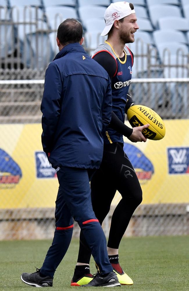 Adelaide Crows coach Don Pyke and Bryce Gibbs at a training session at Football Park.