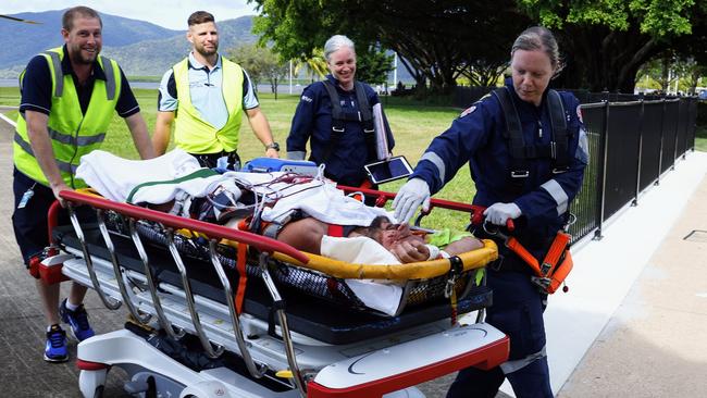 A 44 year old male spearfisherman to Cairns Hospital, after he was bitten multiple times by a 4.5 metre saltwater crocodile off Archer Point, south of Cooktown on April 8. Picture: Brendan Radke