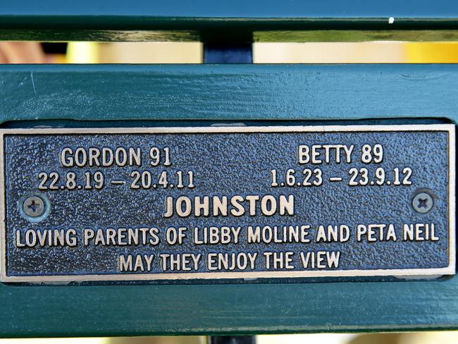 The plaque on Cr Moline’s parents’ memorial park bench. Picture: Annika Enderborg