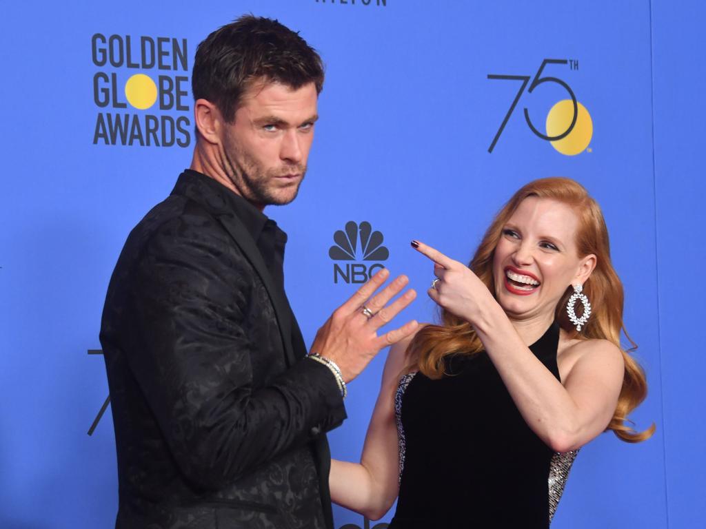 Jessica Chastain and Chris Hemsworth pose in the press room during the 75th Golden Globe Awards on January 7, 2018, in Beverly Hills, California. Picture: AFP