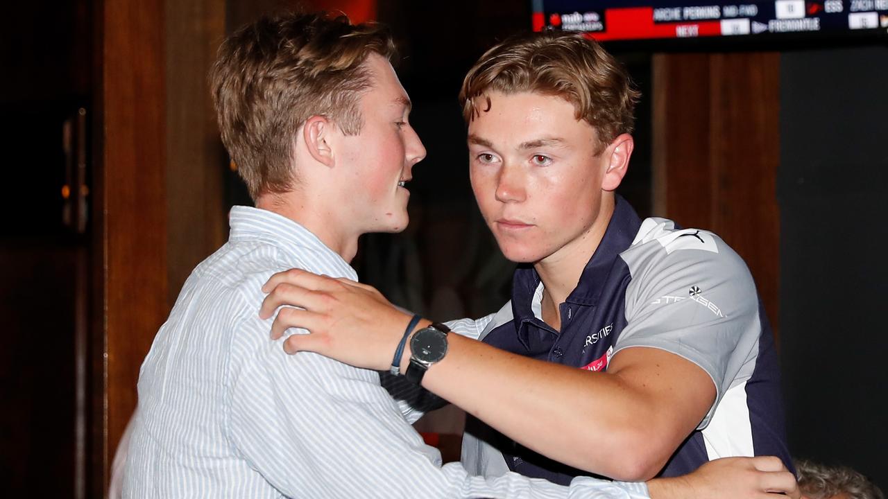 Tanner Bruhn after his name was read out in the 2020 draft. Picture: Michael Willson/AFL Photos via Getty Images