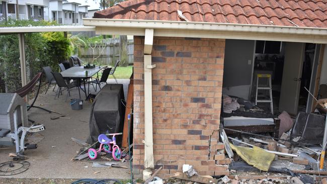 Bloodwood Place home demolished by alleged stolen car during joyride on Wednesday morning, November 23. Picture: Peta McEachern