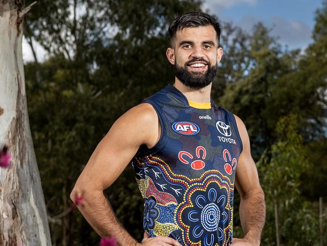 ADELAIDE, AUSTRALIA - APRIL 18: Crows player Wayne Milera during the 2023 Adelaide Crows Indigenous Guernsey shoot on April 18, 2023 in Adelaide, Australia. (Photo by Sarah Reed/AFL Photos via Getty Images)