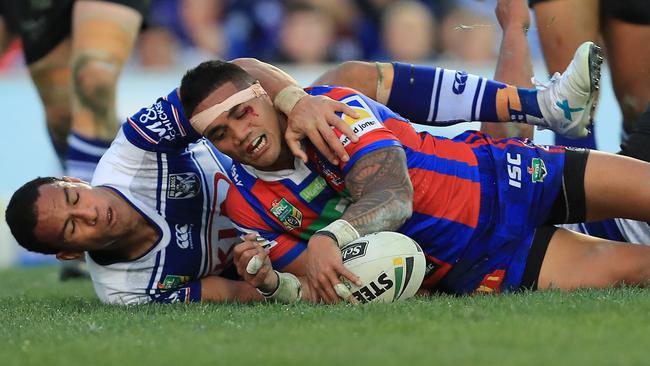 Peter Mata'utia scores a try for the Knights. Picture: Mark Evans