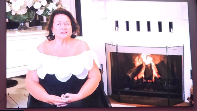 Gina Rinehart speaks in a video message to the Institute of Public Affairs' annual dinner on Thursday night