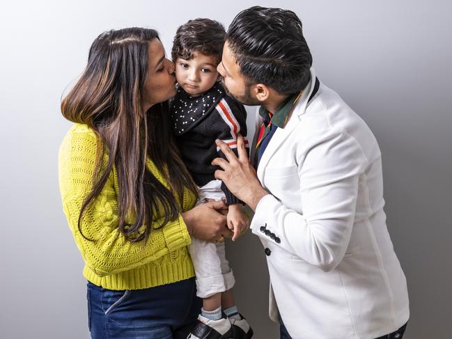 Amandeep Kaur and her husband Satwinder Singh with their now 2-year-old son, Agamveer. Picture: Mark Cranitch