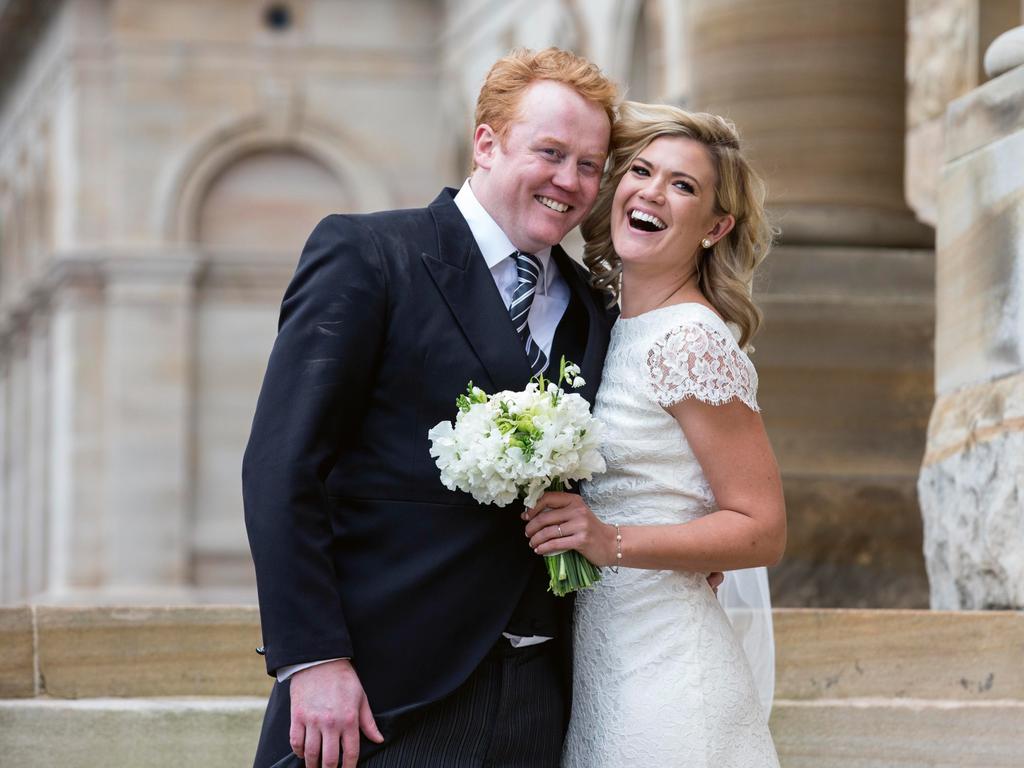 Sarah Harris is pictured on her wedding day with husband Tom Ward. Picture: James Horan