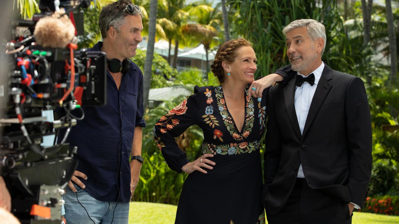 Director Ol Parker with Julia Roberts and George Clooney on the set of Ticket to Paradise on Hamilton Island. Picture: Universal Pictures