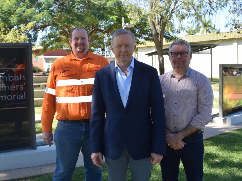 Labor Candidate for Capricornia Russell Robertson, Leader of the Opposition Anthony Albanese and Senator Murray Watt at Moranbah on July 12.