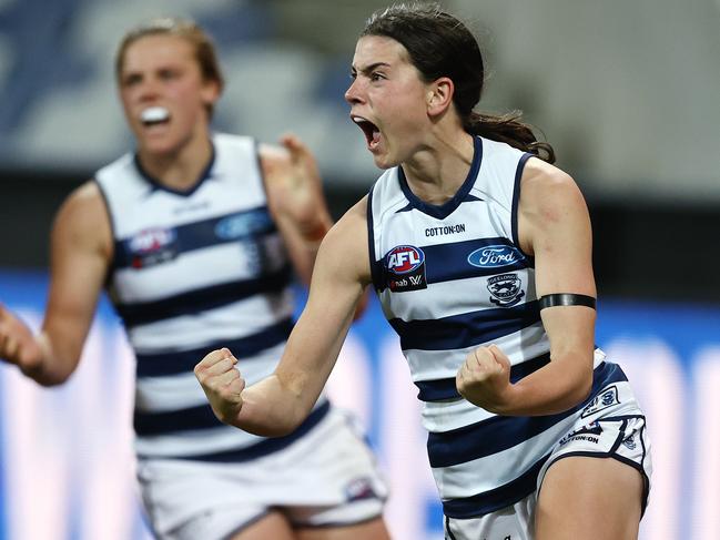 Darcy Moloney of the Cats celebrates her late goal that put Geelong in front for good. Picture: Michael Klein