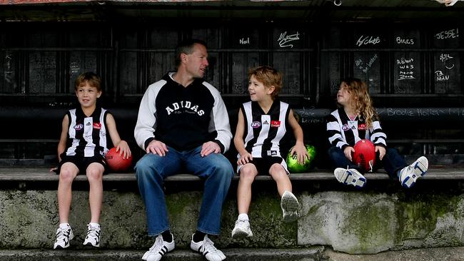Collingwood great Gavin Brown who will be inducted into the AFL Hall of Fame takes his kids (L) Callum, (Middle) Tyler and Tarni back to Victoria Park this morning.