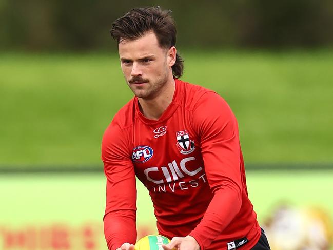 MELBOURNE, AUSTRALIA - APRIL 30: Jack Sinclair of the Saints kicks during a St Kilda Saints AFL training session at RSEA Park on April 30, 2024 in Melbourne, Australia. (Photo by Quinn Rooney/Getty Images)