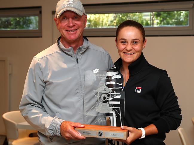 Ashleigh Barty with her coach Jim Joyce following the ladies singles final against Marketa Vondrousova at the 2019 French Open. Picture: Clive Brunskill/Getty Images