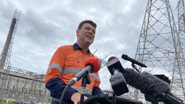 AGL managing director and CEO Brett Redman announcing AGL will start work this year on a 250-megawatt battery at Torrens Island. Picture Kathryn Bermingham