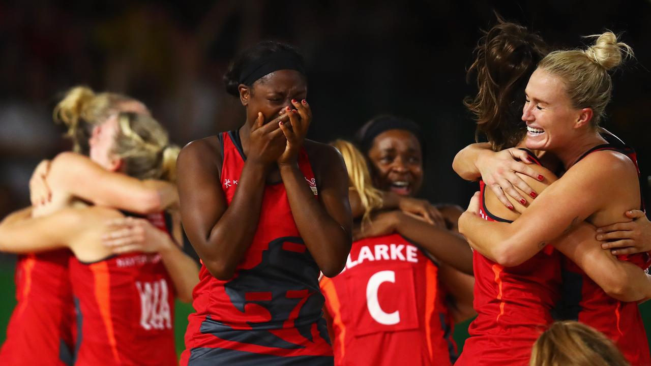 England celebrate victory over Jamaica.