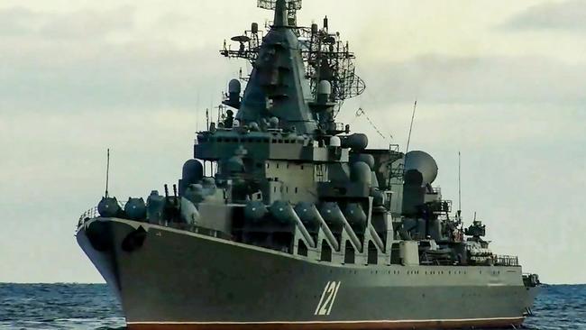 This handout video grab released by the Russian Defence Ministry on February 12 shows a Moskva Russian cruiser during the Black sea naval exercises outside the Crimean port of Sevastopol. Picture: Handout/Russian Defence Ministry/AFP