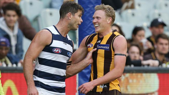 Tom Hawkins was involved in an incident with James Sicily. Picture: Michael Klein