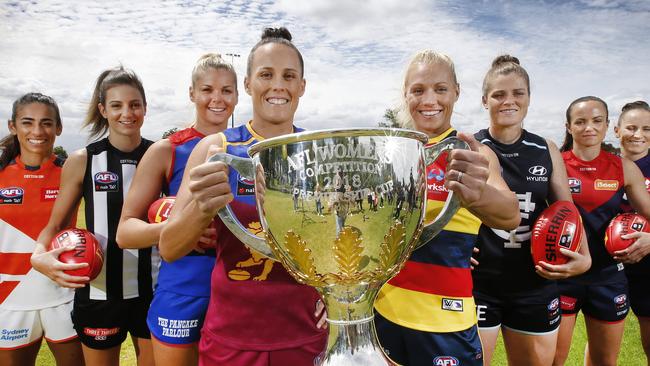 AFLW captains. from left, Amanda Farrugia (GWS), Steph Chiocci (Collingwood), Emma Zielke (Brisbane Lions), Kaitie Brennan (Western Bulldogs), Erin Phillips (Adelaide Crows), Bri Davey (Carlton), Daisy Pearce (Melbourne) and Kara Donnellan (Fremantle). Picture: David Caird