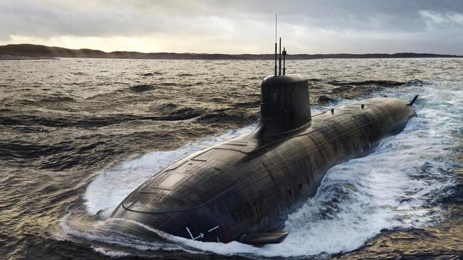 An artist’s impression of the future SSN-AUKUS nuclear-powered submarine to be built in Australia using a hybrid UK and US design. Picture: Defence/Supplied