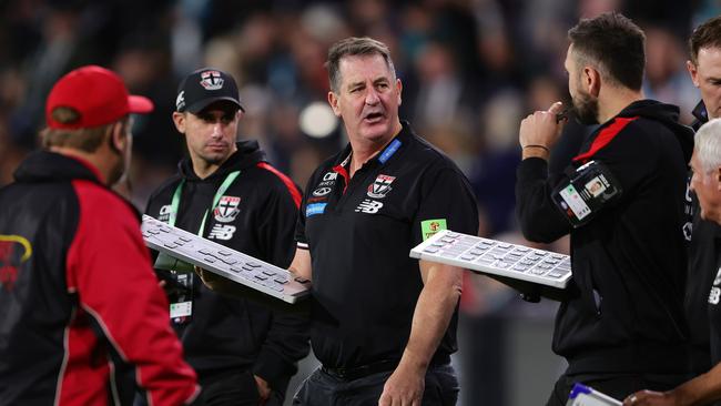 ADELAIDE, AUSTRALIA – APRIL 26: Ross Lyon, Senior Coach of the Saints during the 2024 AFL Round 07 match between the Port Adelaide Power and the St Kilda Saints at Adelaide Oval on April 26, 2024 in Adelaide, Australia. (Photo by Sarah Reed/AFL Photos via Getty Images)