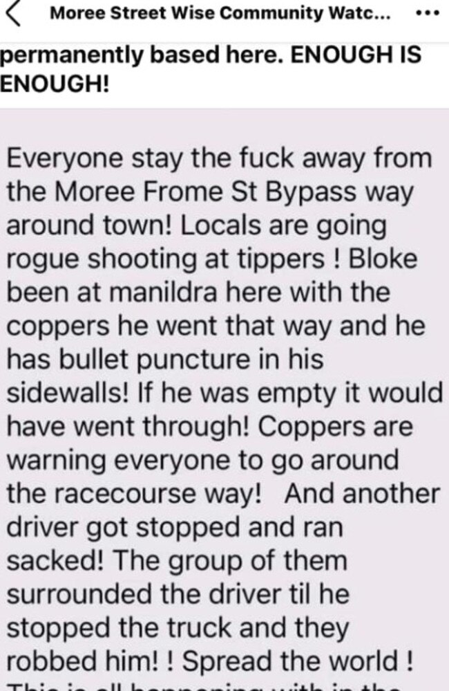 The Facebook warning posted in Moree Street Wise Community Watch. Picture: Facebook