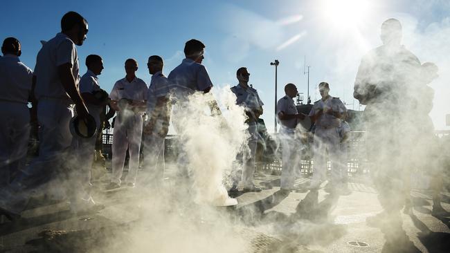 The Royal Australian Navy’s ANZAC Class Frigate HMAS Arunta hosts a smoking ceremony. Picture: Supplied