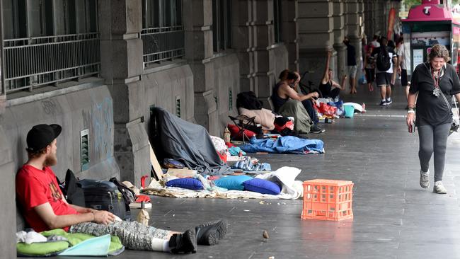 Flinders Street. Homeless people living on the streets of Melbourne. Picture: Nicole Garmston