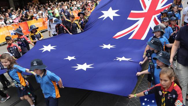 Participants during the Australia Day parade down Swanston Street in Melbourne. Picture: AAP.