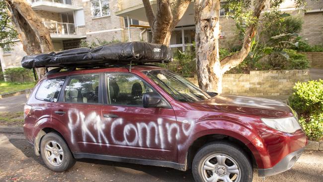 Cars were defaced with graffiti in the attack on Thursday morning. Picture: NewsWire / Jeremy Piper