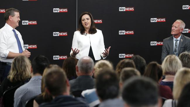 Premier Annastacia Palaszczuk addresses the Sky News-Courier-Mail People’s Forum as Opposition Leader Tim Nicholls (left) and One Nation leader Steve Dickson look on. Picture: Josh Woning/AAP