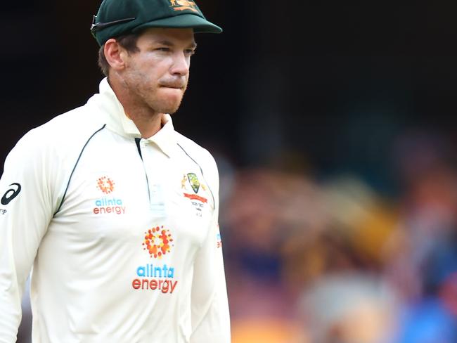 Australia's captain Tim Paine looks on between the overs on day five of the fourth cricket Test match between Australia and India at The Gabba in Brisbane on January 19, 2021. (Photo by Patrick HAMILTON / AFP) / --IMAGE RESTRICTED TO EDITORIAL USE - STRICTLY NO COMMERCIAL USE--