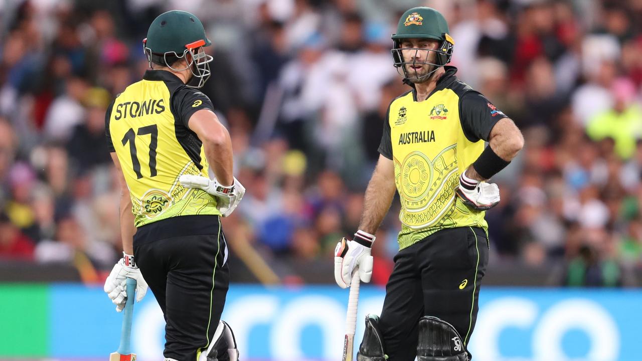 ADELAIDE, AUSTRALIA - NOVEMBER 04: Marcus Stoinis of Australia and Glenn Maxwell of Australia during the ICC Men's T20 World Cup match between Australia and Afghanistan at Adelaide Oval on November 04, 2022 in Adelaide, Australia. (Photo by Sarah Reed/Getty Images)